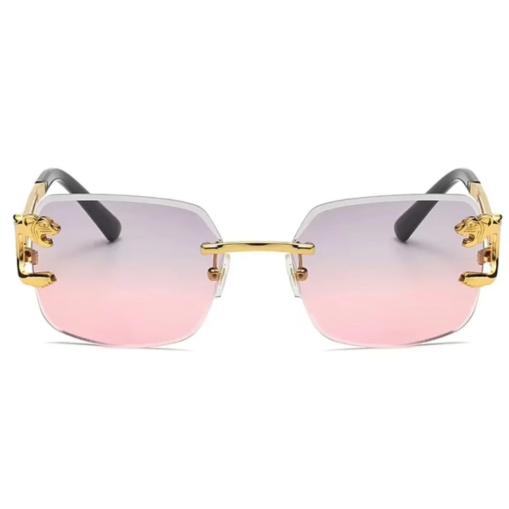 Men Women Classy Sophisticated Pink Lens‎ Gold Sunglasses Metal Rimless Hip Hop